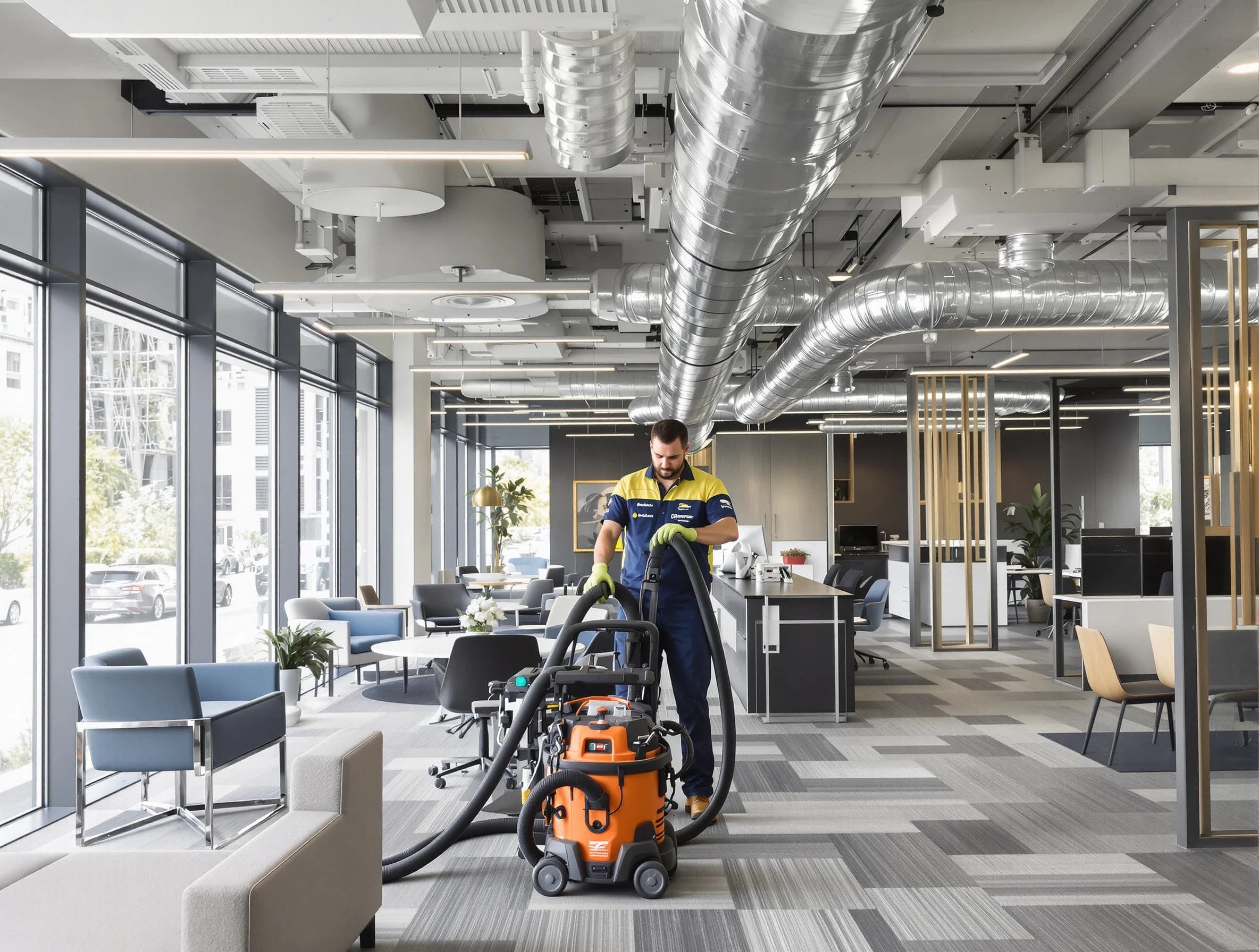 Pawtucket Air Duct Cleaning team performing thorough commercial duct cleaning at a Pawtucket business center